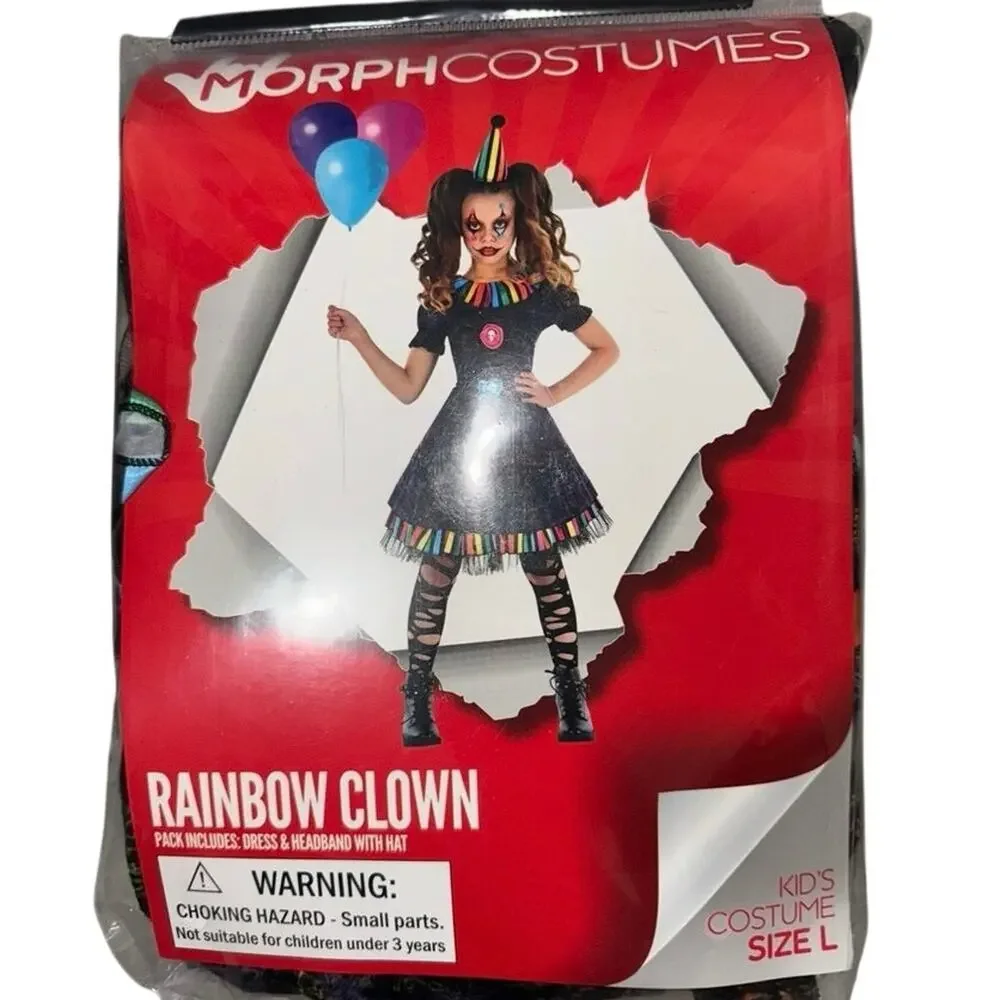 New black rainbow Morph Clown circus Costume Creepy Halloween girls large